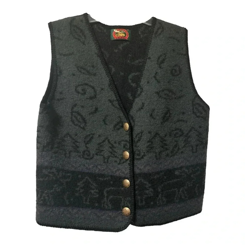 Wool Vest ALPS Vinage Green and Black Patterned Vest w/ Moose Size Med - Picture 1 of 5